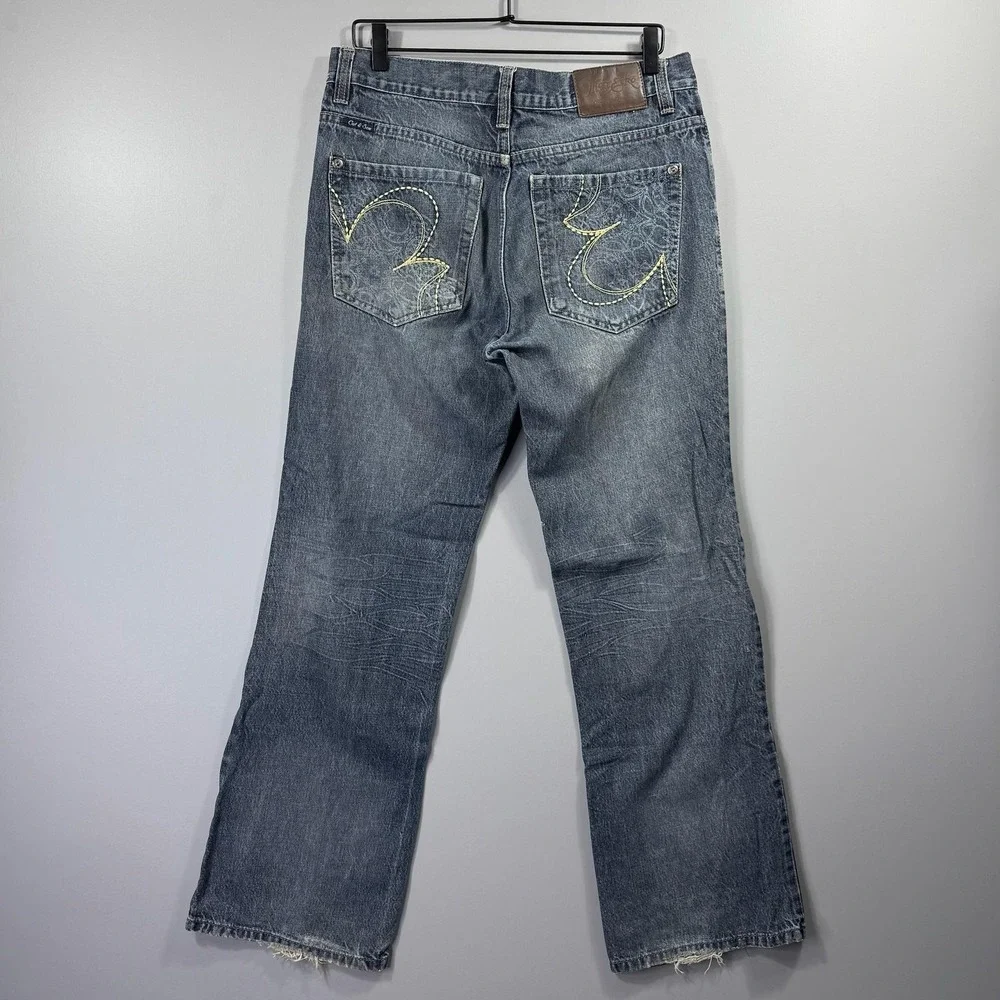 Marc Ecko Jeans Mens 34x32 Blue Medium Wash Denim Bootcut Embroidered Pockets